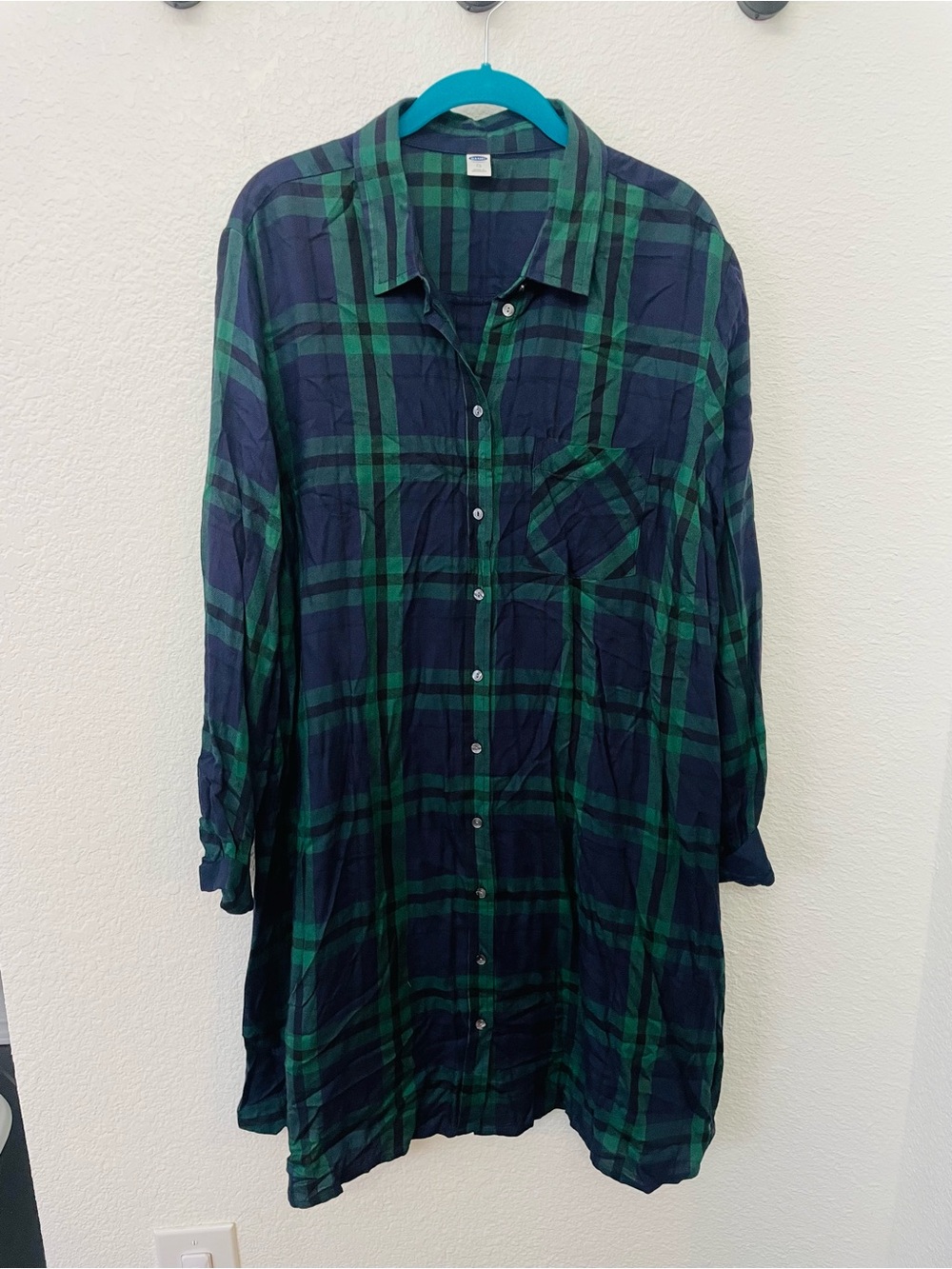 Old Navy Navy and Green Plaid Long-Sleeve Shirt Dress